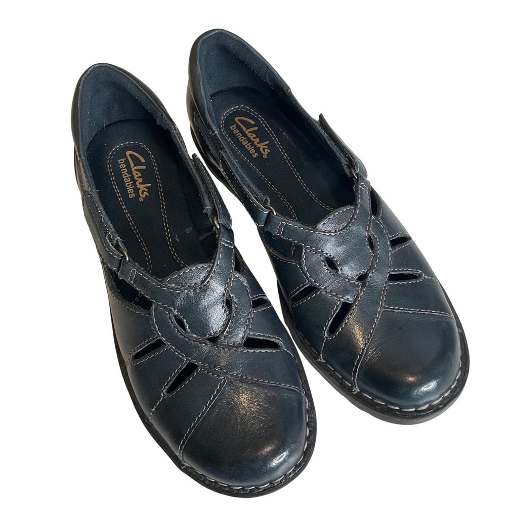 Clarks Bendables Mary Janes Navy Blue Leather Flats Comfort Shoes Casual 6.5